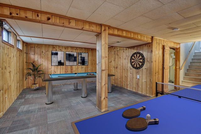 playroom featuring carpet floors, pool table, and wooden walls