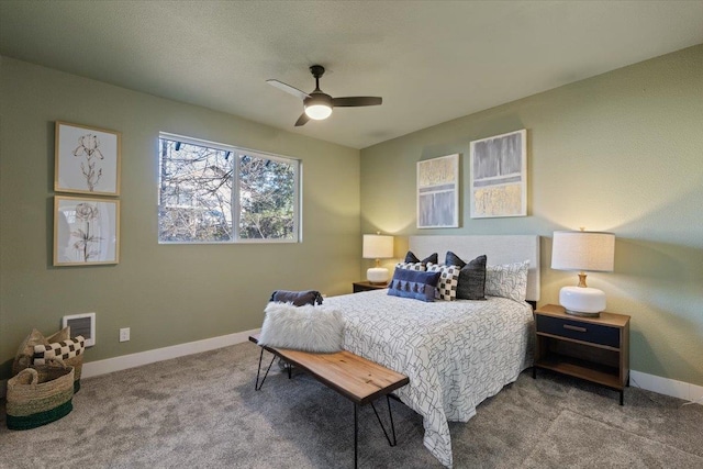 bedroom featuring carpet floors, a ceiling fan, visible vents, and baseboards