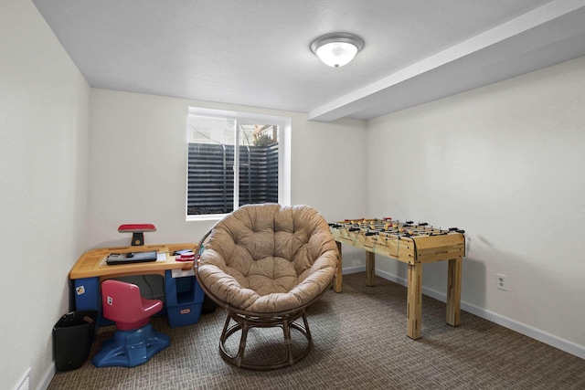 rec room featuring visible vents, carpet flooring, and baseboards