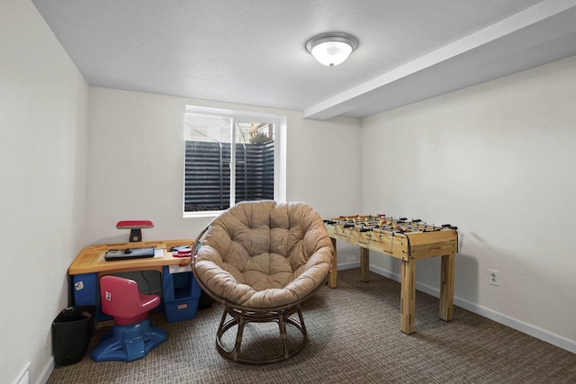 playroom with carpet, visible vents, and baseboards