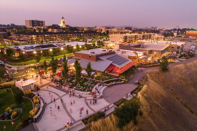 aerial view at dusk with a city view
