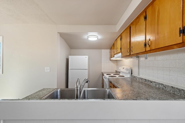 kitchen featuring white appliances, decorative backsplash, brown cabinets, under cabinet range hood, and a sink