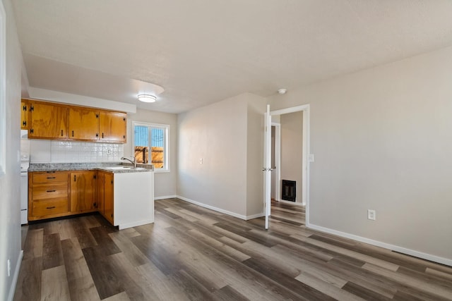 kitchen with a peninsula, tasteful backsplash, dark wood-style flooring, and a sink