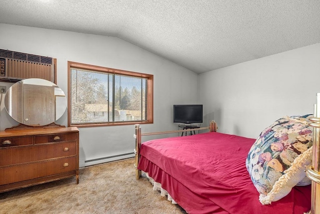 carpeted bedroom featuring lofted ceiling, baseboard heating, and a textured ceiling