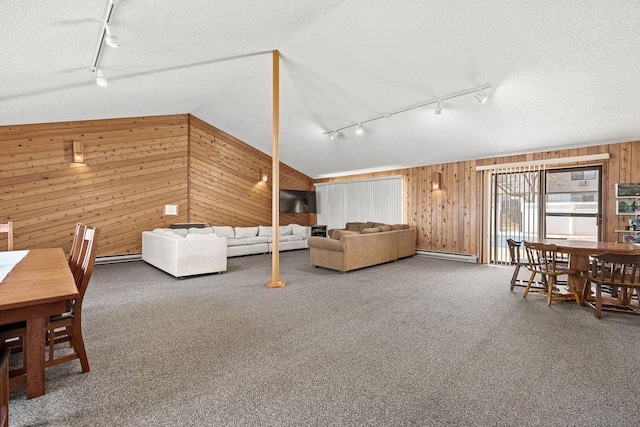 living area featuring lofted ceiling, carpet flooring, wood walls, and a textured ceiling