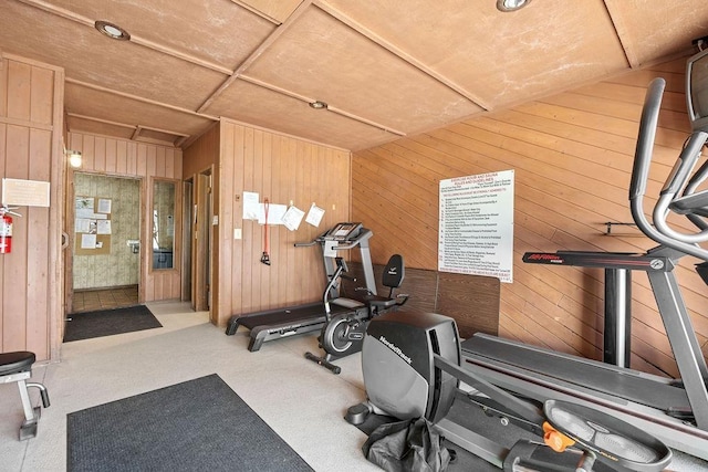 exercise area featuring wood walls and carpet flooring