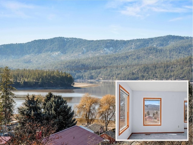 mountain view with a water view and a view of trees
