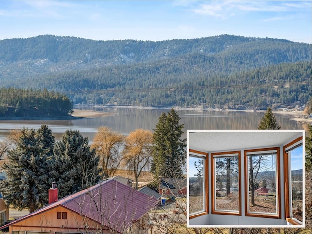 property view of mountains with a water view and a forest view