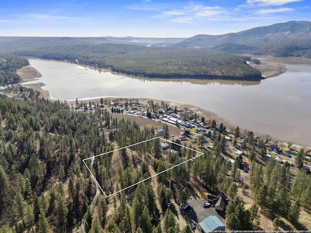 aerial view with a wooded view and a water and mountain view