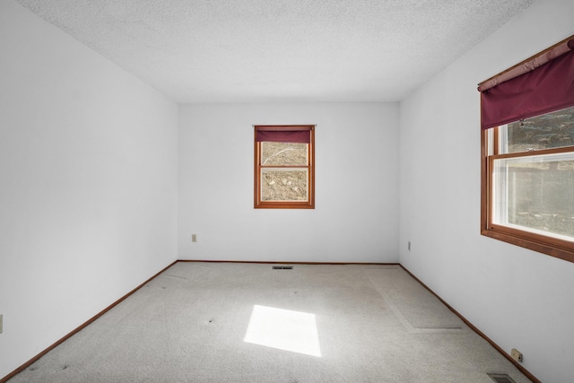 carpeted spare room with visible vents, plenty of natural light, a textured ceiling, and baseboards