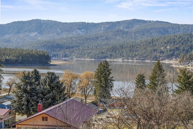 view of mountain feature featuring a water view and a wooded view