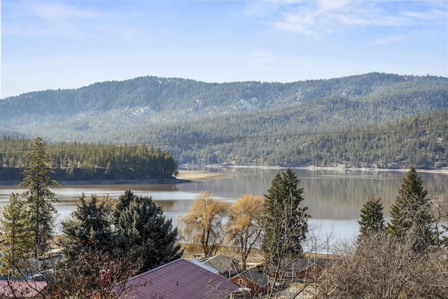 property view of mountains with a water view and a wooded view