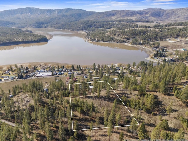 bird's eye view with a water and mountain view