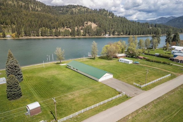 bird's eye view with a water view and a wooded view