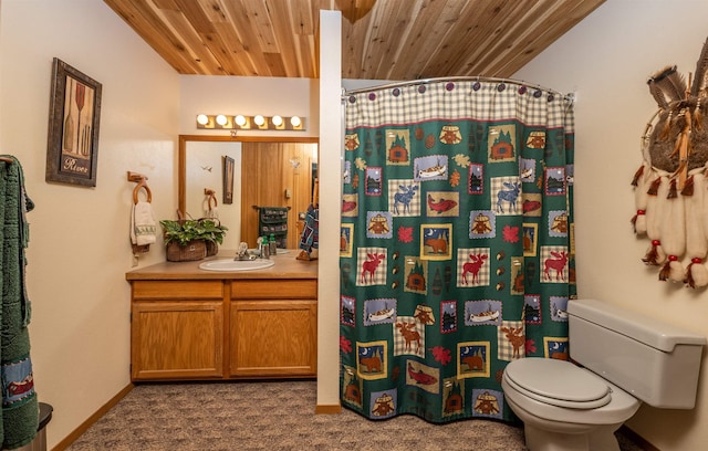 bathroom featuring curtained shower, wooden ceiling, toilet, vanity, and baseboards