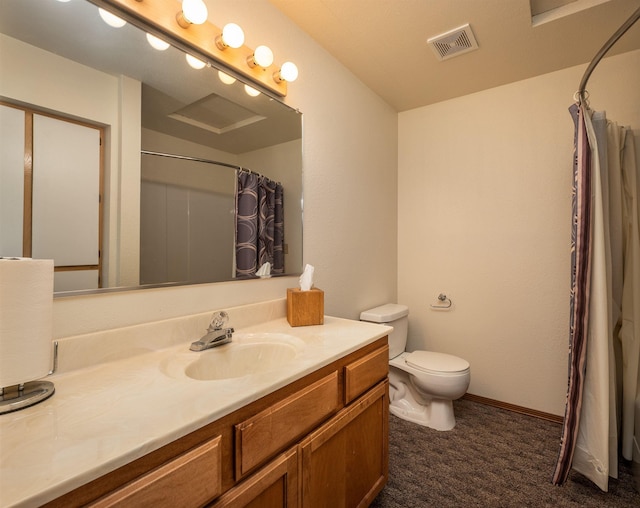 bathroom with a shower with curtain, visible vents, vanity, and toilet