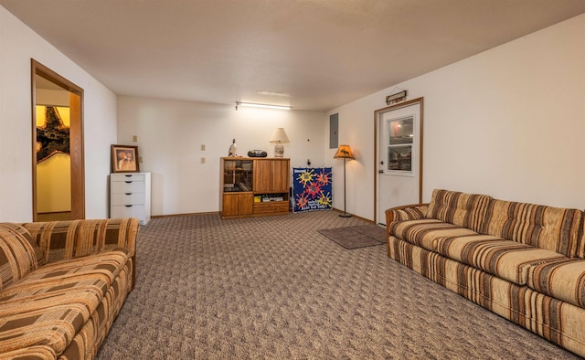 carpeted living area with electric panel