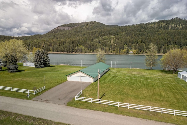 water view with fence, a mountain view, and a wooded view