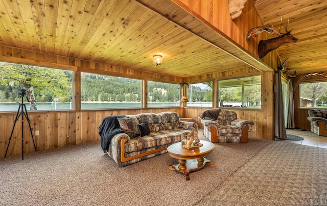 living area with carpet, wooden ceiling, vaulted ceiling, and wooden walls