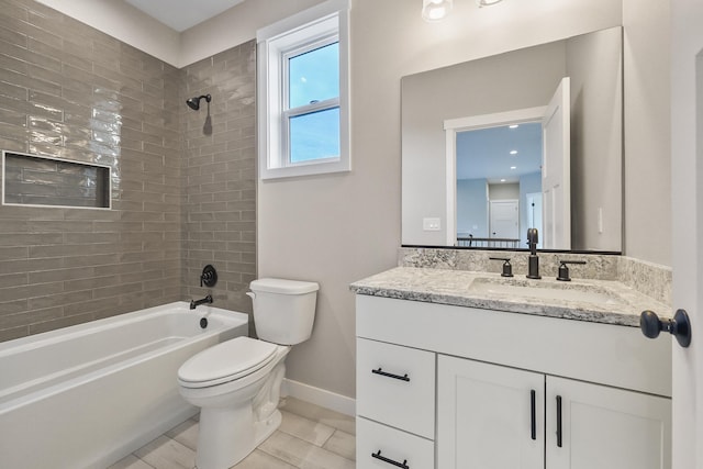 bathroom featuring bathtub / shower combination, baseboards, vanity, and toilet