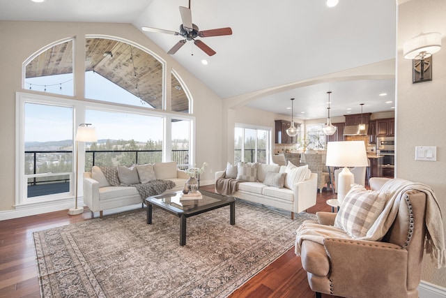 living area with baseboards, a ceiling fan, dark wood-type flooring, high vaulted ceiling, and recessed lighting