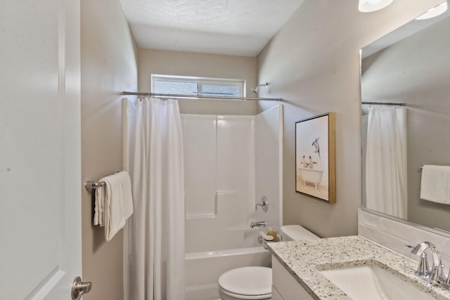 full bath featuring toilet, shower / bath combination with curtain, and vanity