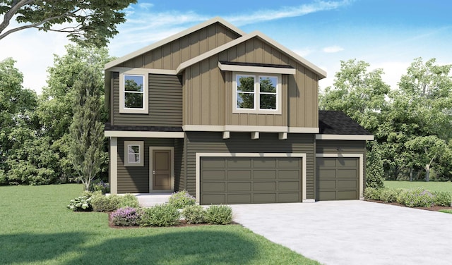 view of front of property featuring an attached garage, a shingled roof, concrete driveway, board and batten siding, and a front yard