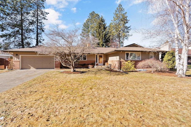 single story home featuring an attached garage, brick siding, driveway, and a front lawn