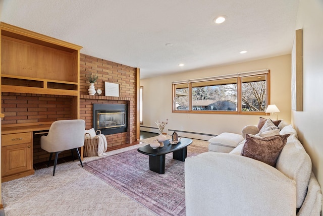 living room with recessed lighting, a baseboard heating unit, light carpet, a fireplace, and built in desk