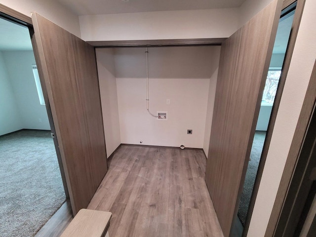 laundry room featuring light carpet, laundry area, light wood finished floors, hookup for an electric dryer, and washer hookup