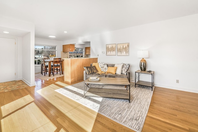 living area featuring light wood finished floors, baseboards, and recessed lighting