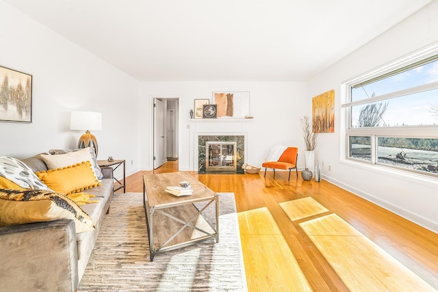 living room featuring a fireplace, baseboards, and wood finished floors