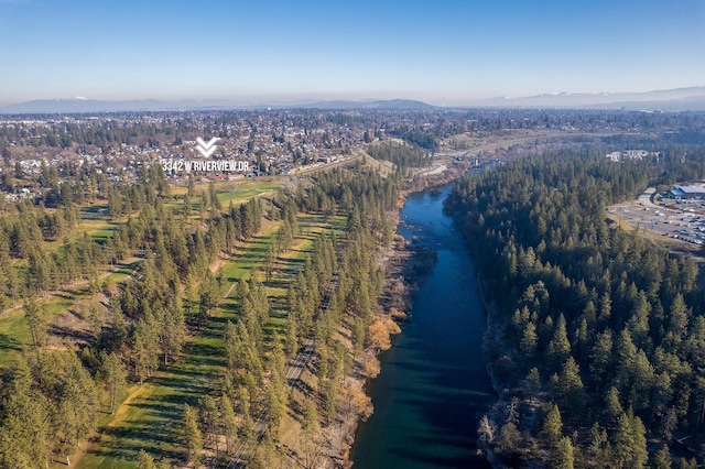 birds eye view of property with a water and mountain view and a view of trees