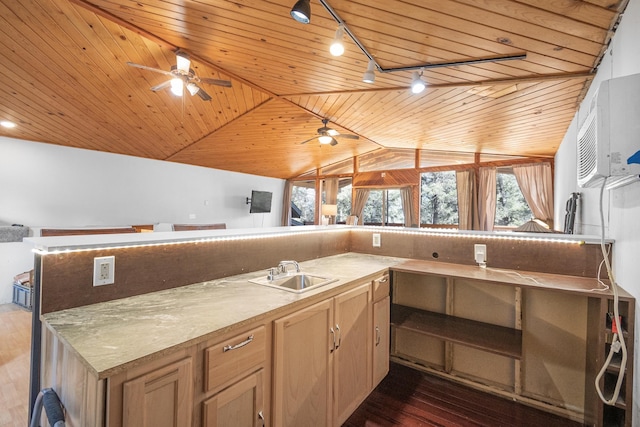 kitchen with lofted ceiling, dark wood-type flooring, wooden ceiling, and a sink