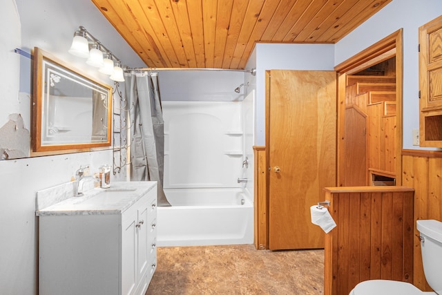 full bathroom featuring toilet, shower / tub combo, wood ceiling, and vanity