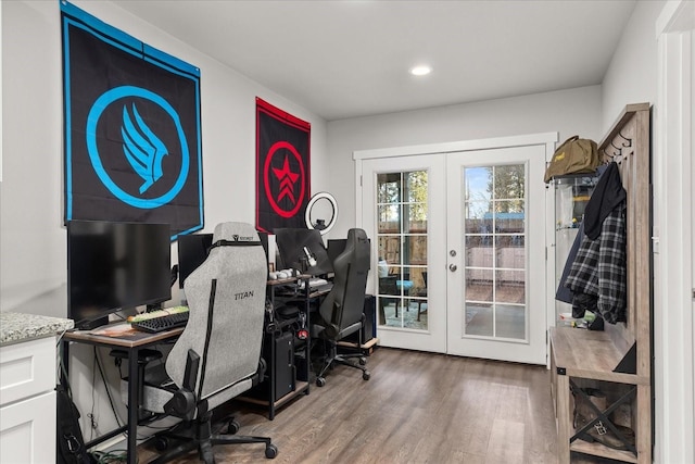 office area with french doors, wood finished floors, and recessed lighting