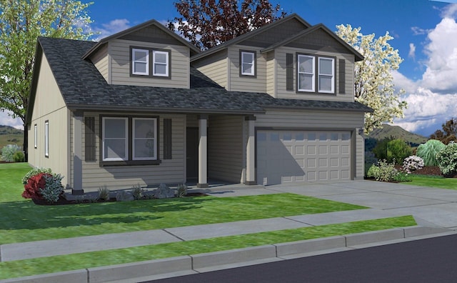 view of front facade with an attached garage, driveway, a shingled roof, and a front yard