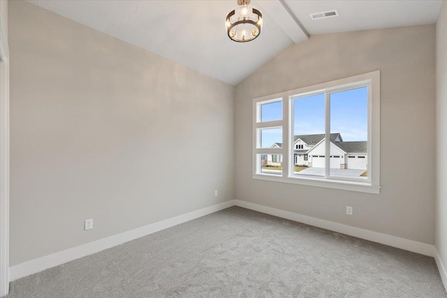 empty room featuring baseboards, visible vents, vaulted ceiling with beams, carpet flooring, and a chandelier