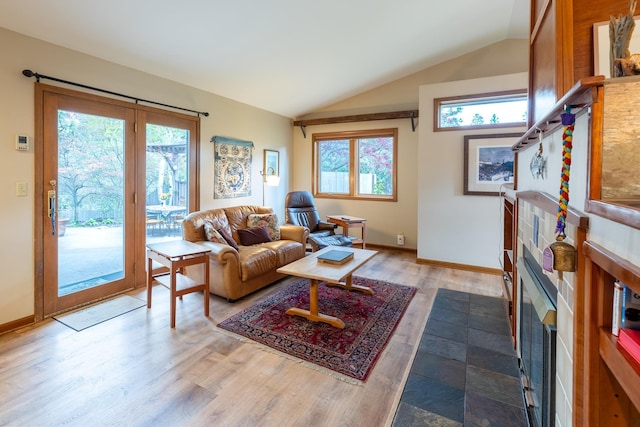 living room with vaulted ceiling, wood finished floors, and a healthy amount of sunlight