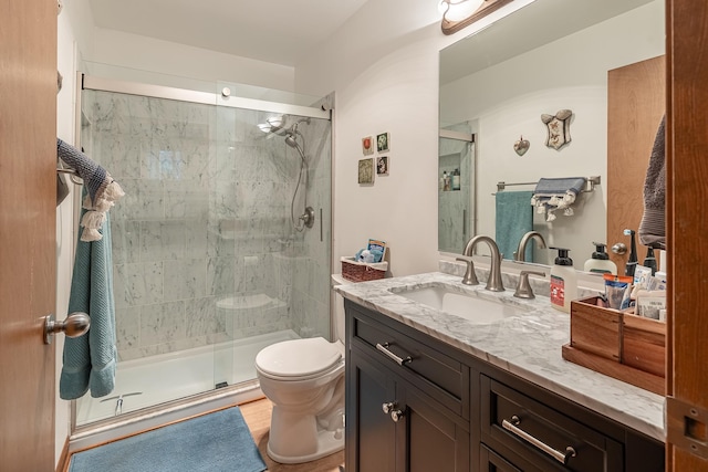 bathroom with toilet, a shower stall, and vanity