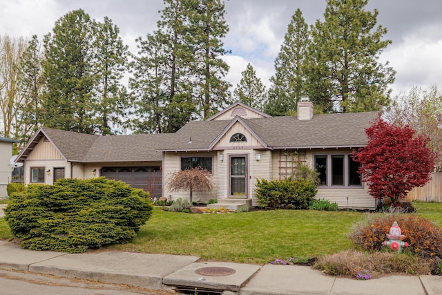 single story home featuring a garage, a shingled roof, a chimney, and a front yard