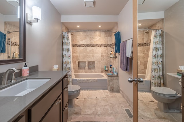 bathroom with visible vents, vanity, toilet, and shower / bathtub combination with curtain