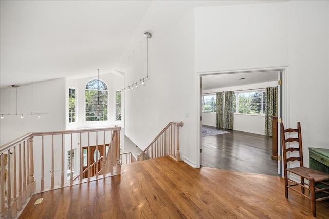 hall featuring a healthy amount of sunlight, high vaulted ceiling, wood finished floors, and an upstairs landing