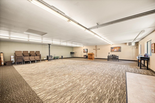 garage with a wood stove