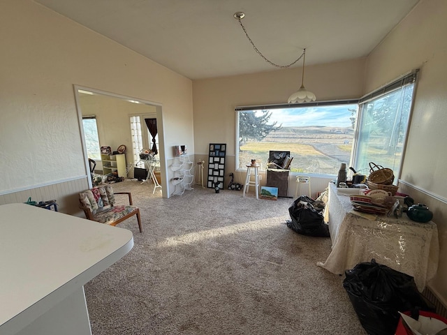 dining room with a wainscoted wall, vaulted ceiling, carpet flooring, and a healthy amount of sunlight