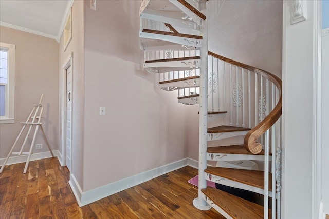 stairs with baseboards, wood finished floors, and ornamental molding