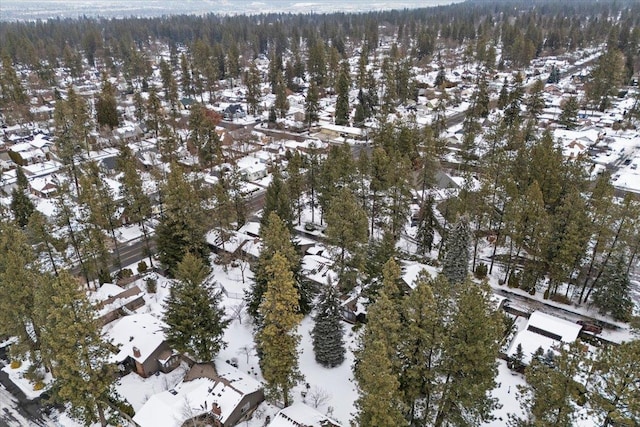 snowy aerial view featuring a wooded view