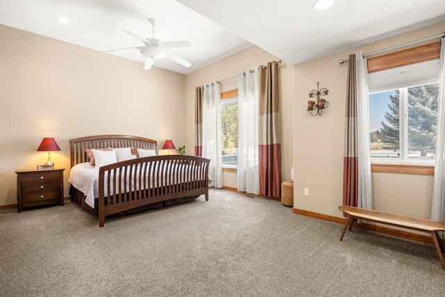 carpeted bedroom featuring ceiling fan, recessed lighting, and baseboards