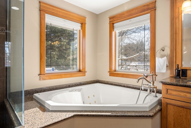 bathroom featuring a tub with jets and vanity