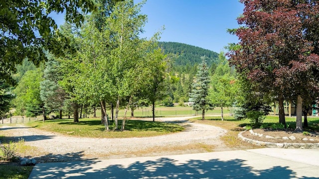 view of home's community with driveway, a yard, a wooded view, and fence